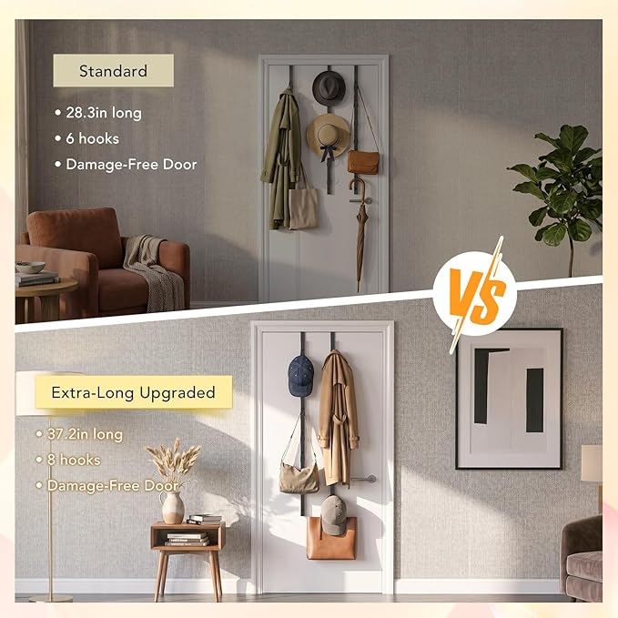 TOMIR Over The Door Hooks with 8 Hooks, Metal Long Hooks for Hanging, Behind Door Towel Rack, Purse, Coat Hanger, Non-Slip Pads with Suction Cups, Space-Saving Vertical Organizer, 37.2 Inches Black