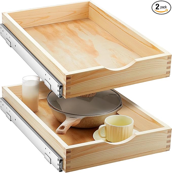 Menkxi 2 Set Wooden Pull out Cabinet Organizer Fully Assembled Slide out Pantry Drawer with Gentle Close Storage Shelf Tray for Base Kitchen Under Sink Bathroom Accessory(Wood Color,15'' X 21'' X 3'')