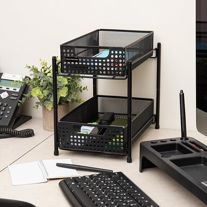 Mind Reader Accessory Organizer, Supply Storage, Desktop, Crafts, Office, Metal Mesh, 8"L x 12.5"W x 11.25"H, Black