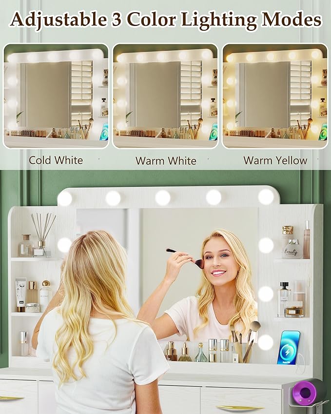 45.5" Vanity Desk with Mirror and Lights, Makeup Vanity with Lights 3 Models Settings & Power Outlet, Vanity Desk with 5 Drawers, 2 Cabinets, Shelves, Makeup Vanity for Bedroom, Antique White