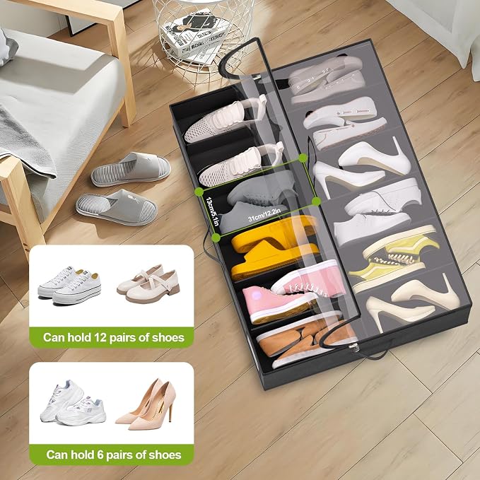 homyfort Under Bed Shoe Storage with Wheels, Fits 24 Pairs, Rolling Shoe Organizer with Bottom Support & Clear Lids, Sturdy Under Bed Storage Box for Shoes, Set of 2, Black