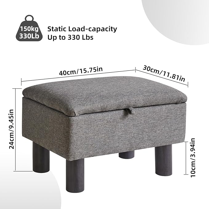 Aibiju Linen Small Ottoman Foot Rest, Foot Stools with Storage Small, Upholstered Rectangle Wood Ottoman with Safety Hinge Flip Top, Bed Stool for Bedroom Dorm Light Gray YD-JD1364