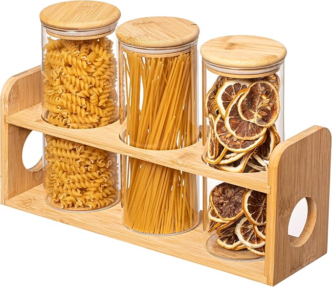 Basicwise 3 Pcs 30oz Glass Jars with Bamboo Shelf for Storing Ground Coffee, Sugar, Beans and Grains, Airtight Canisters for Nuts, Pasta, Flour and Tea Bags - Ideal for Kitchen and Pantry Organization