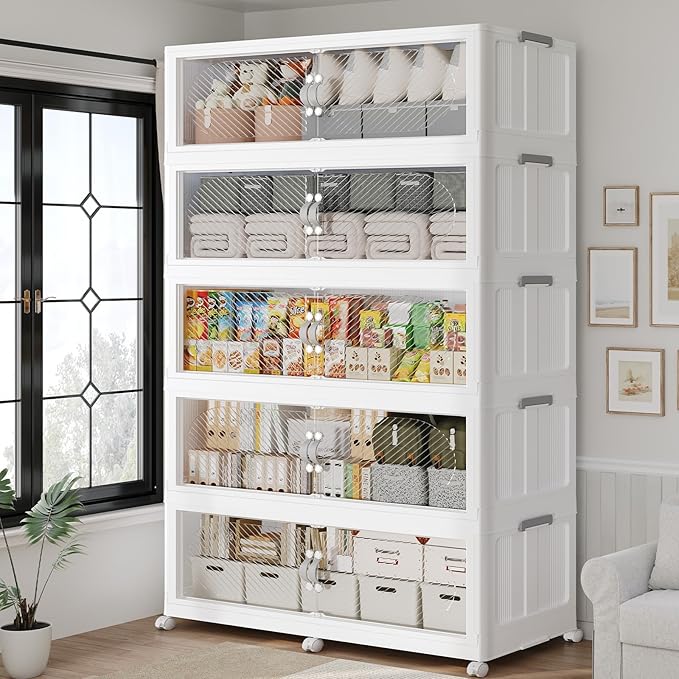 300Gal/1200QT 5-Tiers Extra Large Stackable Storage Bins with Lid, Collapsible Cabinet Closet Organizer Plastic Container Box with Wheels Doors Drawers for Living Room Kitchen Office, White