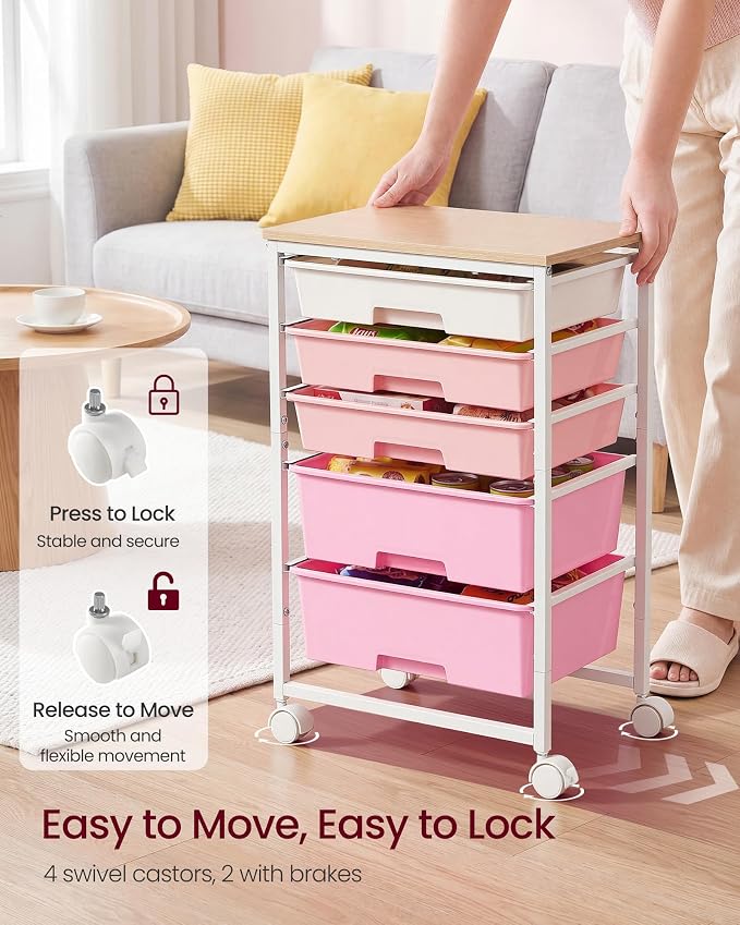 VASAGLE 5-Drawer Rolling Storage Cart, Mobile Organizer Trolley with Wood Top and Metal Frame, for Craft Room, Office, 15.6 x 11.2 x 24.8 inch, Pink, BENCO Collection ULRC005S101