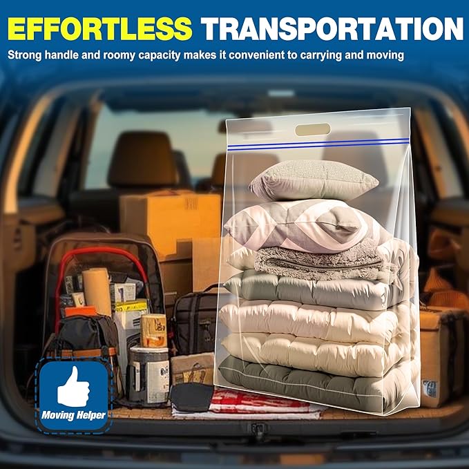 25 Gallon Jumbo Storage Bags, 35" x 24" Clear Plastic Zipper Bags with Handles, Extra Heavy Duty Large XL for Travel, Moving, Clothing, 6 Packs