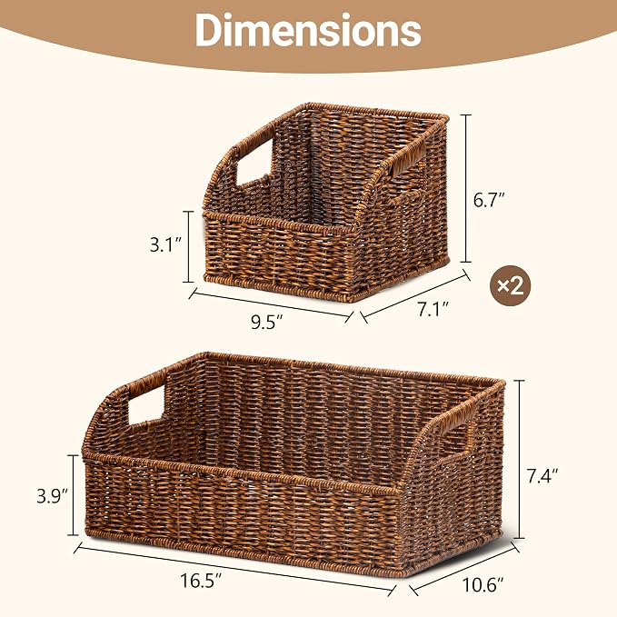 Brownlily Wicker Pantry Storage Baskets with Chalkboard,Handwoven Baskets for Organizing with Built-in Handles, All-Purpose Storage Baskets for Shelves, Laundry Room, Brown - Single Set (3-Piece)