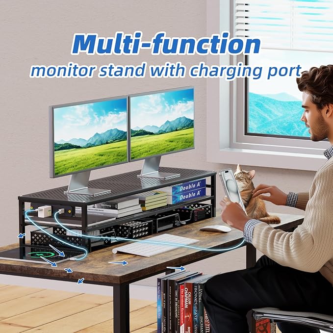 Simple Trending 2-Tier Metal Dual Monitor Stand with USB & 2 Drawers, Black | 32"W x 10"D x 7"H. USB 2.0 + charging port. 2 drawers. Mesh cooling vents. Holds 100 lbs. Non-slip base. Cable ties included.
