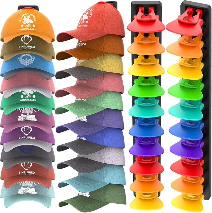 Hat Organizer for Baseball Caps, 2 Pack Hat Rack for Wall, Strong Adhesive Hat Storage Display Holder(Rainbow)