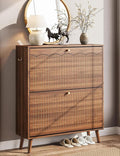 Nicetree Mid-Century Modern Slim Shoe Cabinet for Entryway, 9.5" Narrow Shoe Storage Cabinet with Architectural Arched Fluted Front, Entryway Shoe Storage with Adjustable Shelves,Classic Walnut