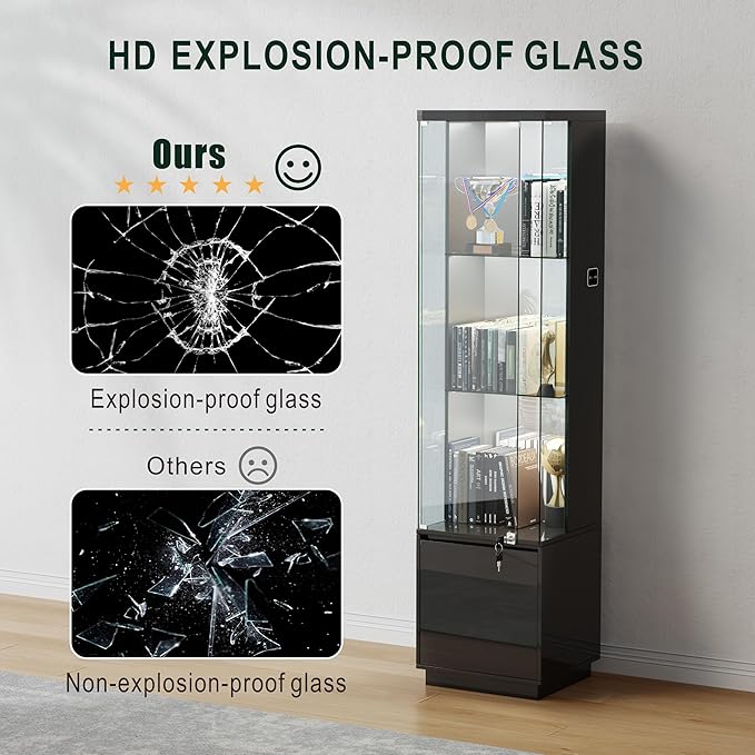 Lvifur Lockable Curio Display Cabinet with Glass Door,65" Lighted Curio Cabinet with 3 Color Lights for Collectibles,3-Tier Glass Display Case with Human Body Sensor for Living Room,Black