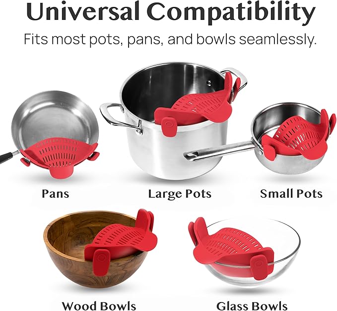 Kitchen Gizmo Snap N Strain Silicone Pot Strainer - Adjustable Clip-On Pasta Strainer for Pots, Pans, and Bowls - Large Red Kitchen Colander