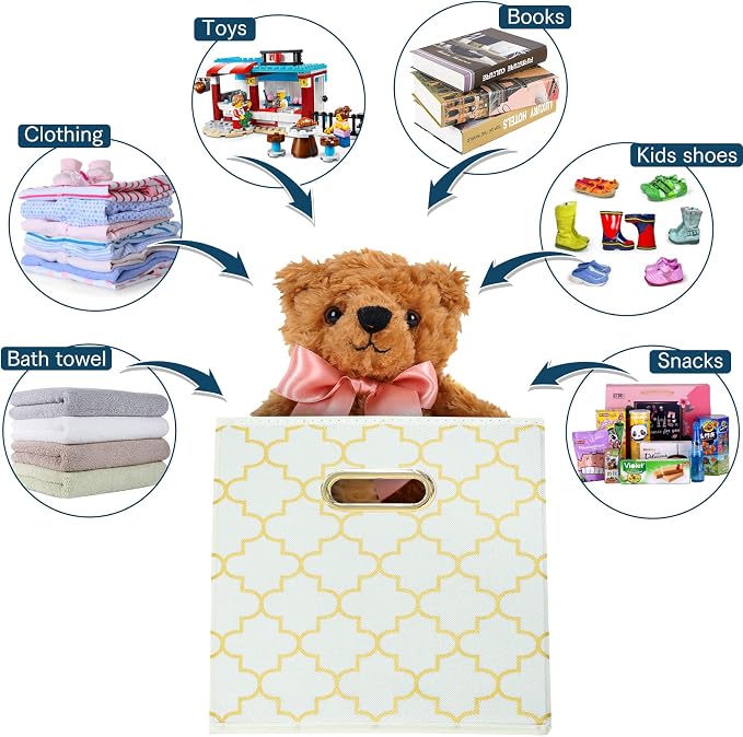 Fabric storage bins Cubes, Fabric Cube Organizer with Handle, Foldable Cube Bins for Cloth or Accessary Storage, 11x11x11, Set of 3, (Creamy-White Gold)