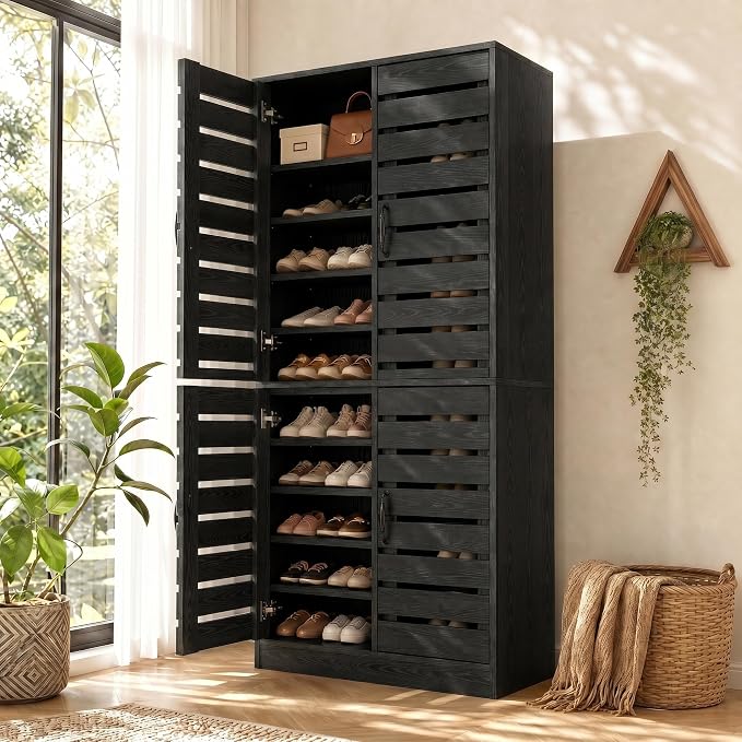 Tribesigns 71 in. Tall Shoe Cabinet with Doors,9-Tier Rustic Black Wood Vertical Shoe Storage with Adjustable Shelves and Metal Handle for Entryway,Living Room,Hallway