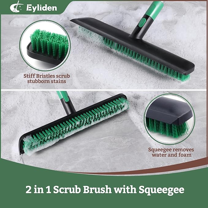 Eyliden Floor Scrub Brush, 15-inch Wide, 55" Long Handle, Deck Scrubber | 2-in-1 Stiff Bristles and Rubber Squeegee, 45° Angle Head, Telescoping Handle, for Bathroom Shower Kitchen Patio Garage
