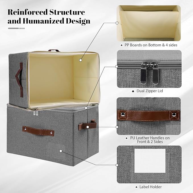 ANMINY Fabric Storage Box Bins with Zipper Lid, Washable Gray, 3PCS | Cotton Linen Fabric, PP Board Frame, Label Holder, Stackable & Foldable, PU Handles, Dual-Zipper 3-Side Open Lid, Large