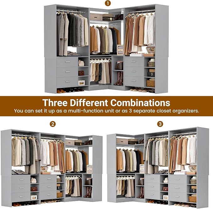 Aheaplus Closet System with 6 Drawers, 4 Hanging Rods & Corner Tower, Corner Closet System with Hanging,92.6" L-Shaped Walk-In Wardrobe Organizer, 2000+ lbs Capacity, Set of 3, Grey