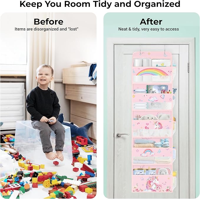Clastyle Over the Door Organizer Diaper Toy Nursery Hanging Shelf, Unicorn | Pink Rainbow, 5-Tier Clear Window Mesh Pocket 44 lbs Weight Capacity, Behind Door Storage, Bedroom Bathroom Closet Pantry