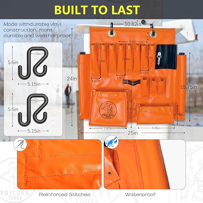Lineman Tool Board, Aerial Apron, Bucket Truck Tools Organizer with Over 16 Pockets, Tool Organizer for Bucket Trucks and Lineman, Includes Two 2” Bucket Hooks