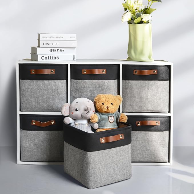Patvingot Fabric Storage Cubes 11", 6 Pack, with PU Pull Handles,Foldable | For accessories on cube shelves or in closets; reinforced opening, pull-out access, folds flat when empty,black and gray