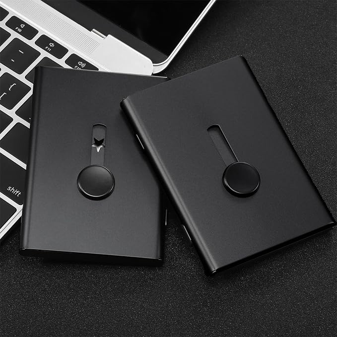 Tatuo 2 Pcs Black Business Card Holder Thumb Drive Stainless Steel Business Name Card Case Portable Slide out Name Holder Wallet Nice Design Pocket for Men and Women