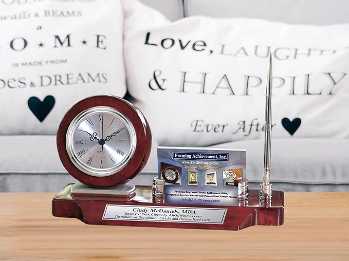 AllGiftFrames Personalized Desk Name Plate Desk Clock Business Card Holder Case Display Silver Pen on Cherry Wood Desktop Stand Graduation Gift Corporate Promotion Executive Employee Award