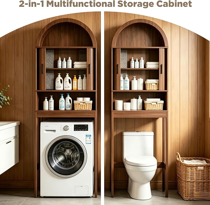 Arched Over The Toilet Storage Cabinet, Walnut Freestanding Bathroom Organizer with Sliding Door, Adjustable Shelf & Anti-Tip Device for Bathroom, Laundry