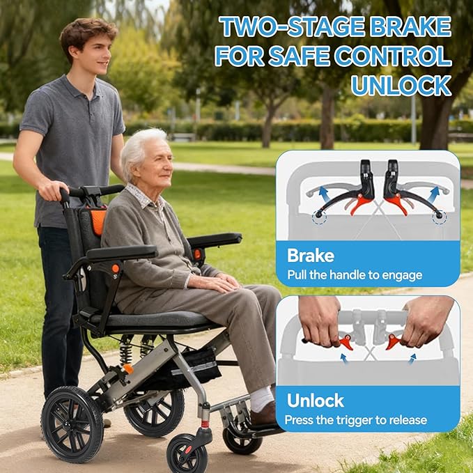 20 LBS Transport Wheelchair Lightweight Foldable,Wheelchairs for Adults, 1s Quick Folding, Quadruple Shock Absorption,Portable Wheelchair for Travel, Hospital & Home Use (Orange)