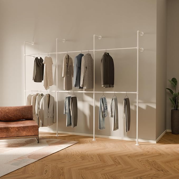 pamo Industrial Clothing Rack Wall Mounted White – 117" W × 87" H, 880 lbs | Heavy Duty Pipe Closet System in White Powder Coated Steel, Scratch-Resistant, Double Rod, Easy Assembly, Closet Organizer