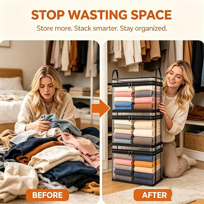 Large Clear Thick Plastic Storage Box with Hinged Lid, Heavy-Duty Durable High Capacity Organizer, Foldable Storage Box,Perfect for Home, Camping, Travel, Attic & Moving (Black-L-3)