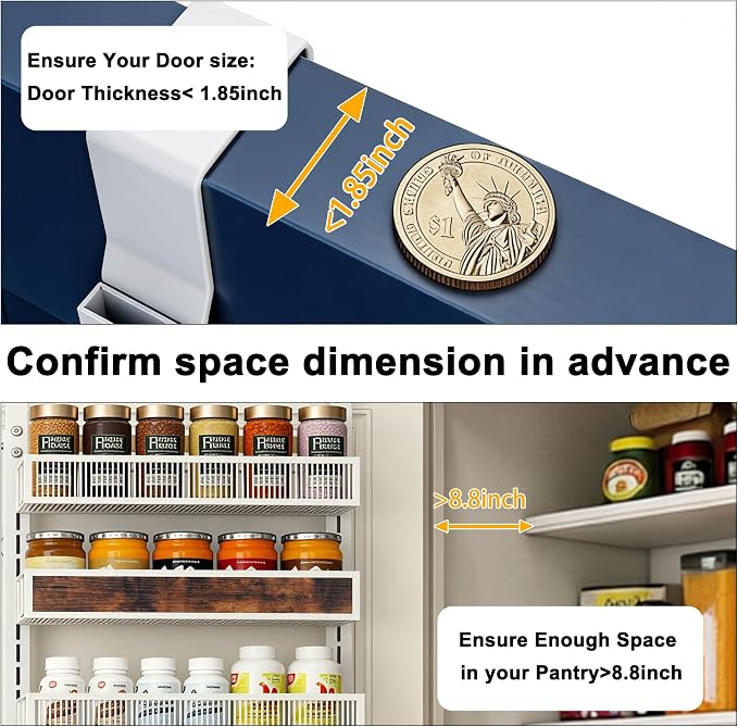 8 Tiers Pantry Door Organizer Spice Rack, 2-IN-1 Wall Mount or Hanging Over Door Seasoning Organizer with Adjustable Baskets, Heavy Duty Behind Door Storage Shelves for Pantry, Cabinet and Kitchen