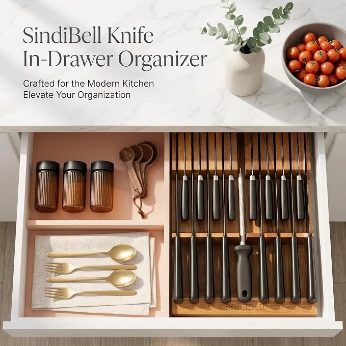 In Drawer Knife Block Acacia Wood, Knife Drawer Organizer Insert Large | 17-Slot Space Saving Drawer Knife Block, Secure Blade Tip Shield & Naturally Moisture-Free Timber (Knives Not Included)