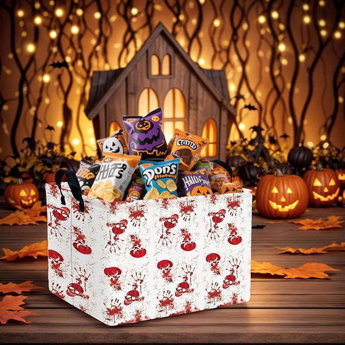 Halloween Basket Gift Terror Ghost Parties Decor Kid Trick or Treat Basket for Boys and Girls Rectangular Storage Bin Box (Blood Fingerprint)