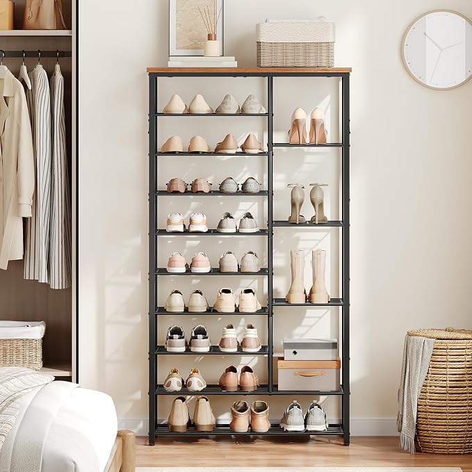 HOOBRO 10 Tier Shoe Rack for Entryway, Large Capacity Tall Shoe Storage | 27.6" L Shoe Shelf, Storage Organizer with Metal Plates, Sturdy and Stable, for Bedroom, Hallway, Closet Rustic Brown