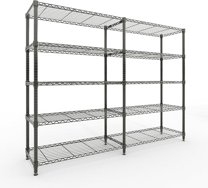 71"W Metal Storage Shelves 5-Tier, Heavy Duty 1325LBS Wire Rack Shelving Unit, Adjustable Black Standing Shelves for Garage Kitchen Pantry Commercial Storage, H or L-shaped Shelf,15.7"D x 70.5"H