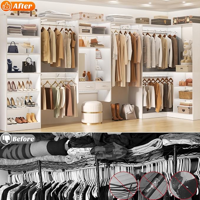 Unikito Closet System with Vanity Desk, 156”Modular Corner Closet Organizer System with Hanging Rods & Adjustable Shelves, Freestanding Wood Wardrobe Organizer, Sturdy Walk in Closet Tower, White