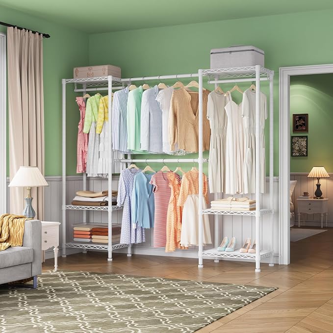 Higeego H10 Expandable Clothes Rack Clothing Rack for Hanging Clothes, Heavy Duty Garment Rack, Freestanding Wardrobe Closet Organizer with Hanger Rods, Extendable from 4.6 to 5.1 ft, White