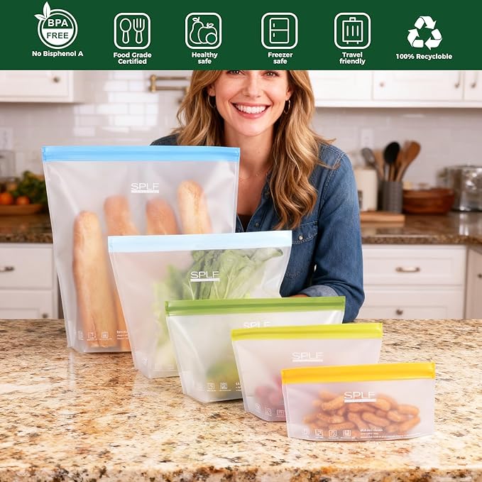 SPLF 10 Pack Stand-Up Reusable Quart Freezer Bags Dishwasher Safe, Extra Thick Leakproof 1 Quart Food Storage Bags, BPA Free Bags for Meal Prep, Sandwich, Snack, Fridge Organization