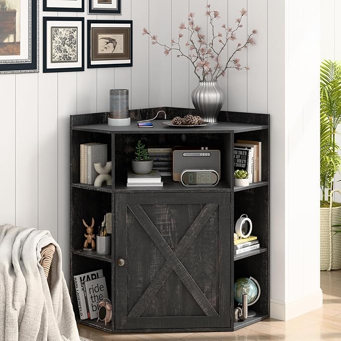 Halitaa Corner Storage Cabinet, Farmhouse Corner Bookshelf with Storage 6-Cubby Wooden Cabinet with USB Ports and Outlets Industrial Organizer for Small Space, Study, Playroom, Living Room