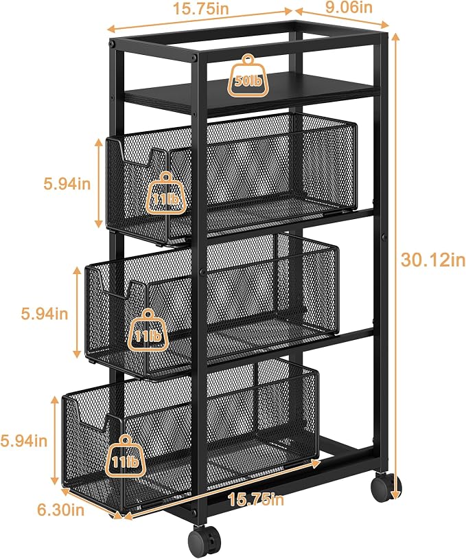4 Tier Kitchen Rolling Cart, Kitchen Storage Cart with Wheels, Adjust Pantry Organizer and Storage Cart with Drawer, Fruit Vegetable Spice Storage Cart, Wooden Top Metal Kitchen Organizer Rack Stand