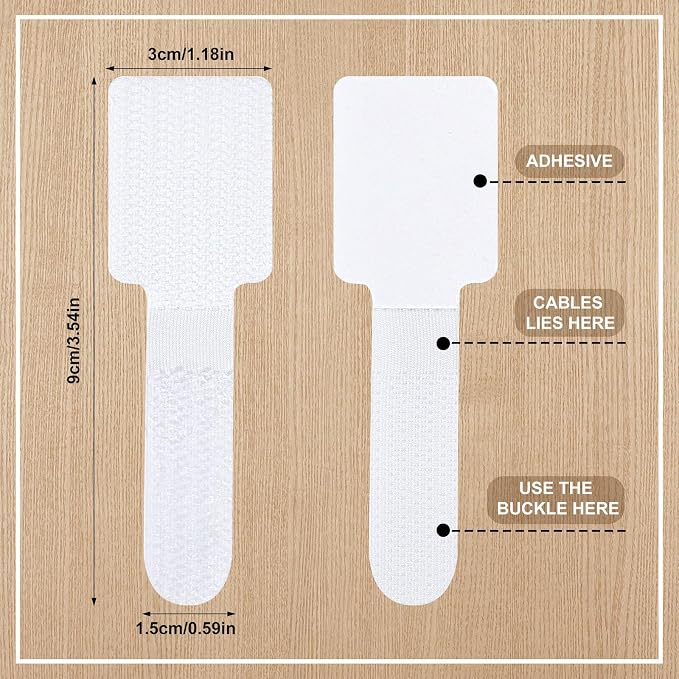 100 Pcs Hook and Loop Cable Ties, Self Adhesive Cable Management Desktop Cable Straps, Adjustable Cord Organizer for Desk Home Office Organization (White)