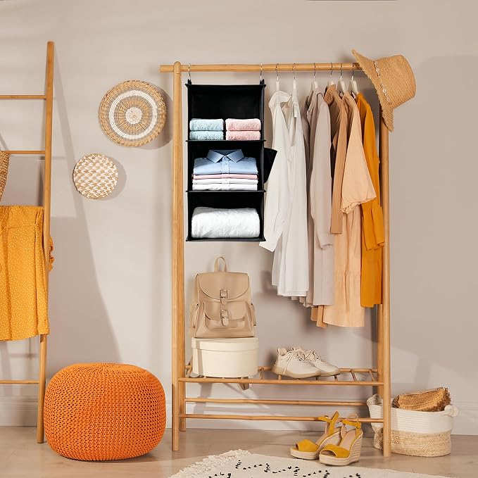 BOOMIBOO Hanging Closet Organizer and Shelves, 4 Shelves with 1 Side Pockets, Foldable, Grey Fabric, Modern Style, for Bedroom and Dorm Room (Grey)