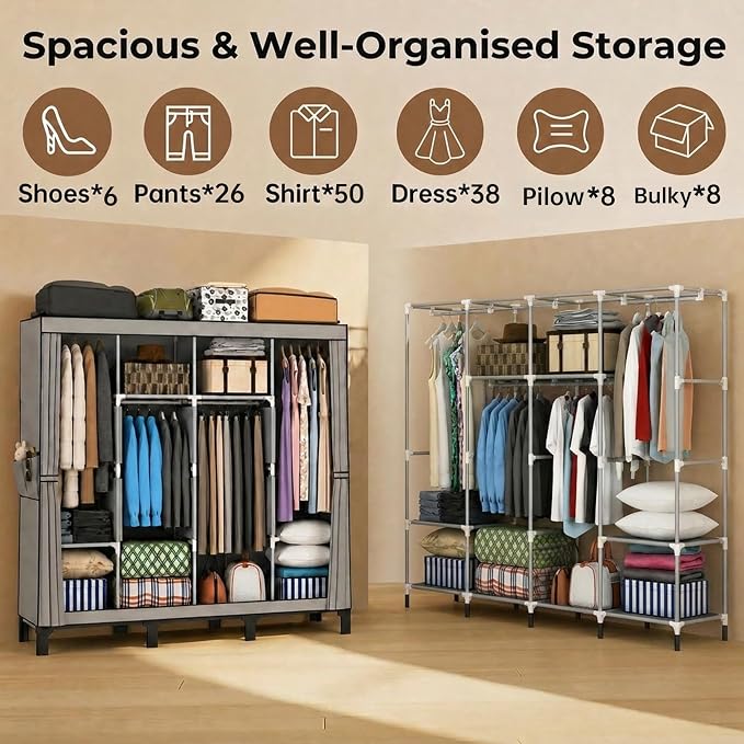 Portable Closet Wardrobe Closet for Hanging Clothes with 3 Hanging Rods for Bedroom, Non-Woven Fabric Clothes Closet for Living Room Easy Assemble (Gray, 4 Columns, 67 inch Width)