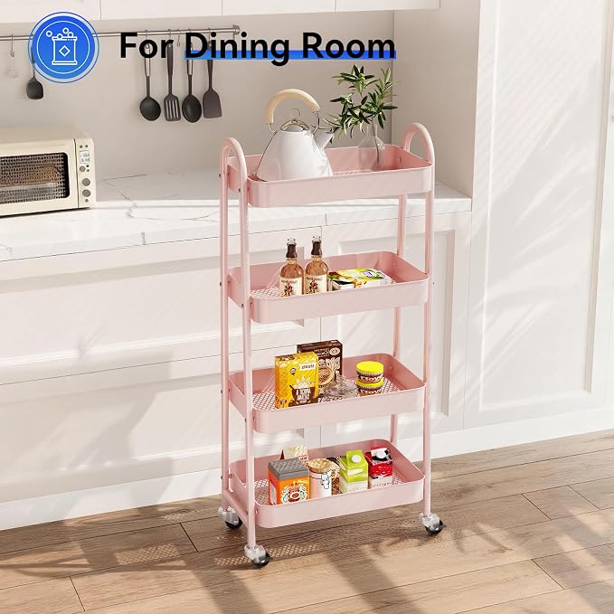 NEWBULIG 4-Tier Metal Rolling Storage Cart, Heavy Duty Mobile Utility Organizer Shelf with Lockable Wheels, Multifunctional Trolley for Daily Supplies, Home Indoor Daily Use, Pink