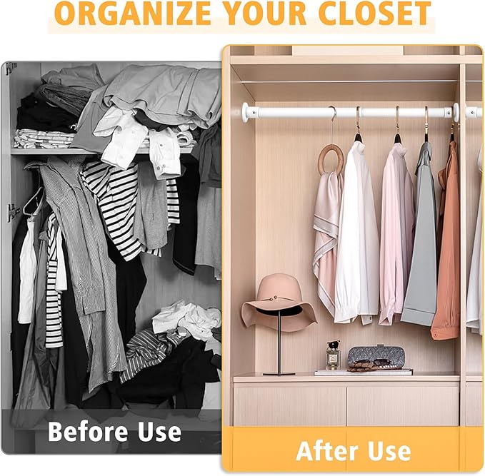 Closet Rods For Hanging Clothes, 17-52 Inch Adjustable Closet Rod, Stainless Steel Heavy Duty Closet Hanging Rod-White