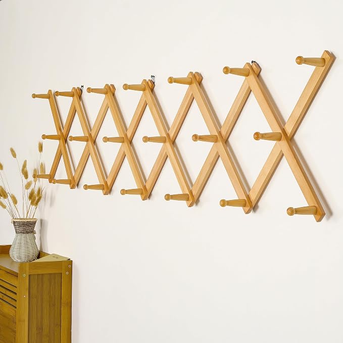 SKOLOO Hat Rack for Wall with 20 Hooks, Solid Wooden, Modern, Expandable Coat Rack Wall Mount for Coats, Hats, Bags, Baseball Caps, Natural Color