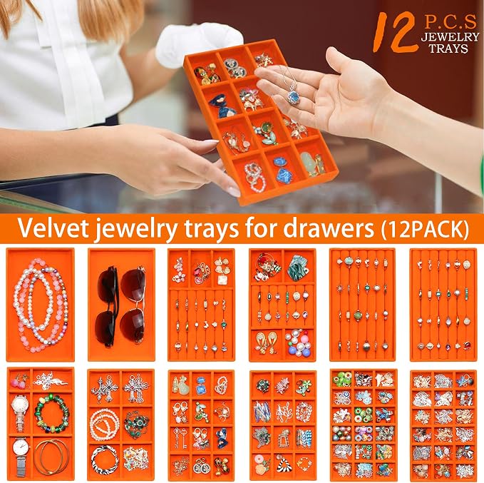 Jewelry Trays Organizer Stackable Velvet Earring Organizer Jewelry Tray for Drawers Ring Necklace Bracelet Storage Display Case, Set of 12