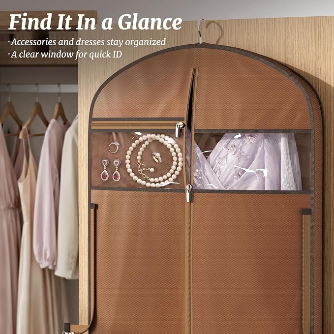 MISSLO 65" Garment Bags for Travel for Women with Loackabe-Self Zipper Waterproof Dress Bags for Gowns Long with Accessories Pockets Wedding Dress Bag Garment Covers for Hanging Clothes, Brown