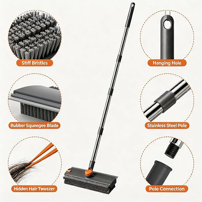 3 in 1 Long Handle Floor Scrub Brush with Squeegee | Adjustable stiff bristle scrubber with squeegee & tweezer, duty multi-surface for shower tile patio kitchen bathtub cleaning