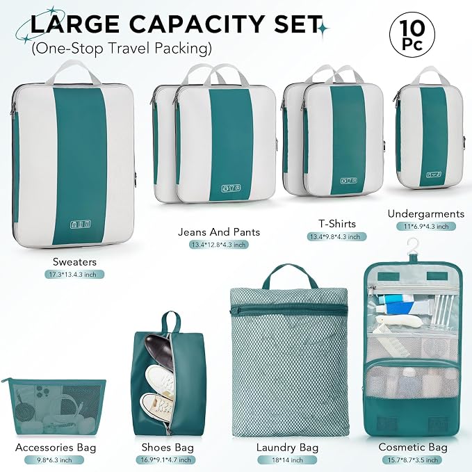 OlarHike 10 Set Compression Packing Cubes for Travel Essentials,Compressible Expandable Space Saver Bags for Organizing Clothes,Luggage Garment Bags with Over 1000 pcs Mesh Holes(Dark Blue Green)